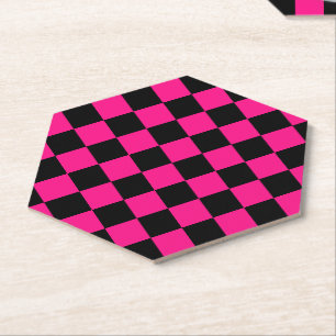 Porta-copo De Papel Quadrados xadrez rosa quente preto geométrico retr