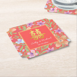 Porta-copo De Papel Red Peranakan floral duplo xi casamento chinês