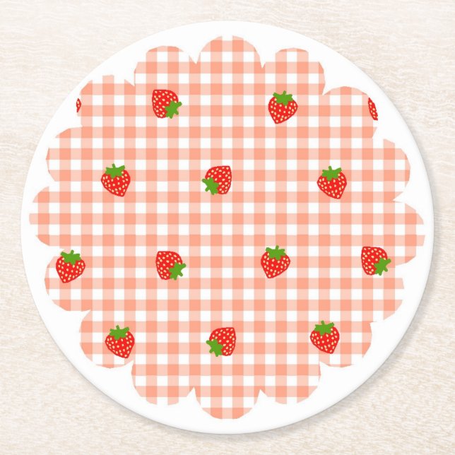 PORTA-COPO DE PAPEL REDONDO いちご　ギンガムチェック　サーモンピンク    (Frente)