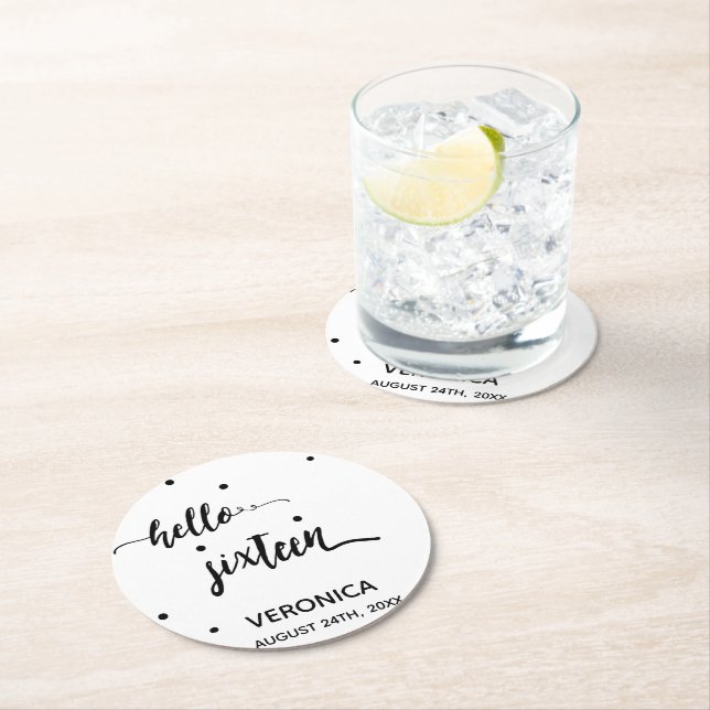 Porta-copo De Papel Redondo 16º aniversário preto branco alô dezesseis nome (Insitu)