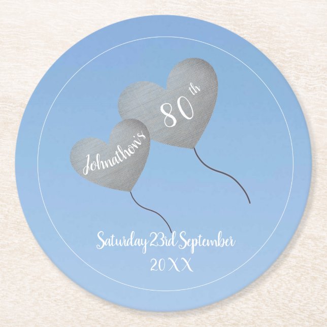 Porta-copo De Papel Redondo 80 de aniversário céu azul e balão prateado (Frente)