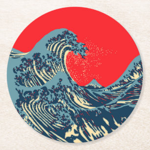 Porta-copo De Papel Redondo A grande onda de Hokusai no estilo colorido