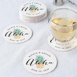 Porta-copo De Papel Redondo Abacaxi De Aquarela Tropical Aloha<br><div class="desc">Portas copos tropicais para o seu casamento, janto de ensaio, festa de noivado ou festa de boas-vindas "Aloha" em letras negras de caligrafia moderna, sobrepostas em uma ilustração de abacaxi em verde-verão e amarelo-ouro. Personalize com seus nomes e data de casamento em texto curvo no topo e no fundo. Perfeito...</div>