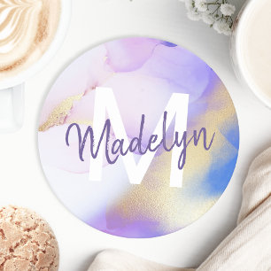 Porta-copo De Papel Redondo Abstrato de Aquarela Roxa Monograma de luxo Rústic