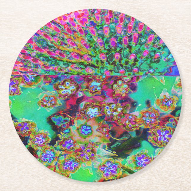 Porta-copo De Papel Redondo Abstrato psicodélico Groovy Roxo Sedum (Frente)