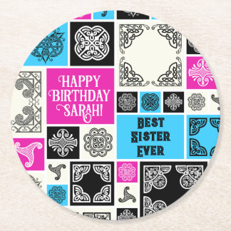 Porta-copo De Papel Redondo Adicionar Nome e Relação Aniversário Magenta e Azu