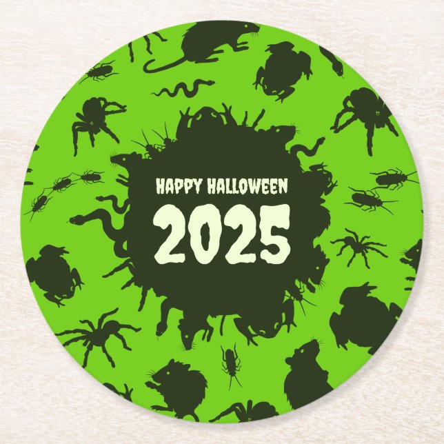 Porta-copo De Papel Redondo Adicione O Ano Feliz Halloween Dark Crawlies (Frente)