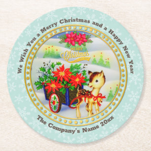 Porta-copo De Papel Redondo Adorável Carrinho de Flores e Rena de Natal Vintag