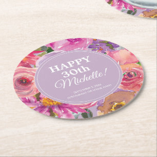 Porta-copo De Papel Redondo Aguarela Floral Rosa Roxo Aniversário de 30 anos