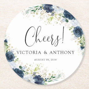 Porta-copo De Papel Redondo Alemão Azul Floral Casamento Brinde Rodada Base de
