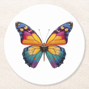 Porta-copo De Papel Redondo Almofada com um desenho de uma Borboleta colorida.