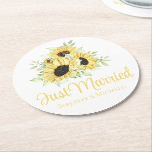 Porta-copo De Papel Redondo Amarelo de Girassol Floral Casamento Recém-Casados
