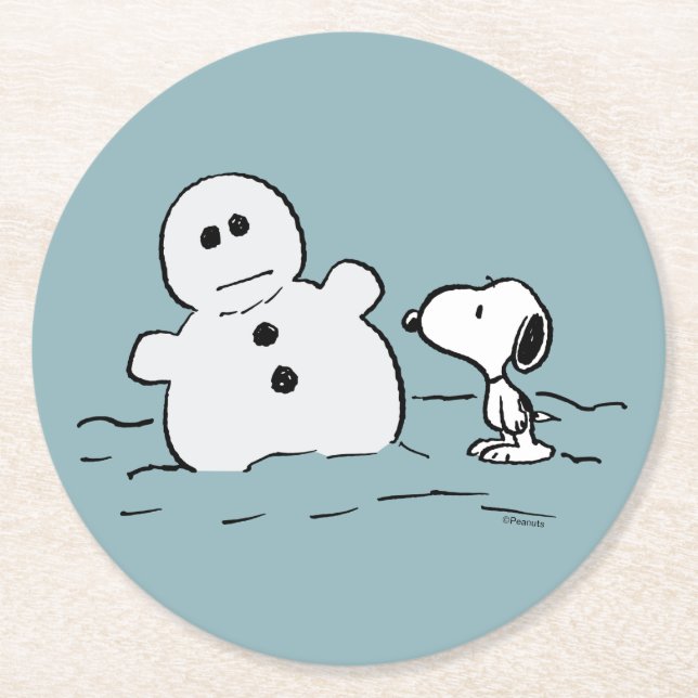Porta-copo De Papel Redondo Amendoins | Snoopy constrói um boneco de neve (Frente)