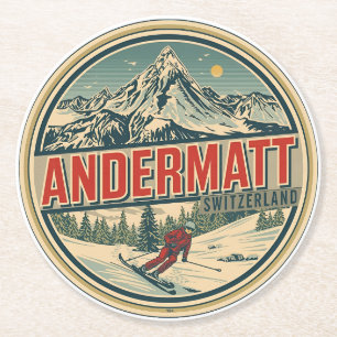Porta-copo De Papel Redondo ANDERMATT Vintage esqui Suíça Alpes Suíços present