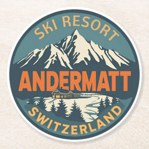 Porta-copo De Papel Redondo Andermatt Vintage esqui Suíça Alpes Suíços present