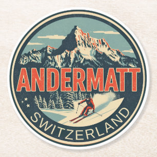 Porta-copo De Papel Redondo Andermatt Vintage ski Suíça Alpes Suíços presentes