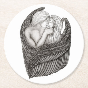 Porta-copo De Papel Redondo Angels Kissing, Design preto e branco