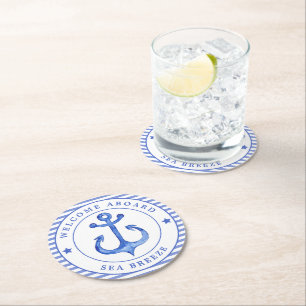Porta-copo De Papel Redondo Ângulo Náutico e Marinho Azul Striped w. Nome do b