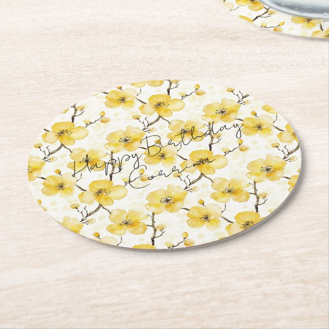 Porta-copo De Papel Redondo Aniversário das Flores Amarelas Douradas (Angulado)