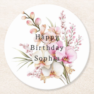 Porta-copo De Papel Redondo Aniversário das Flores de Orquídea Branca Tropicai