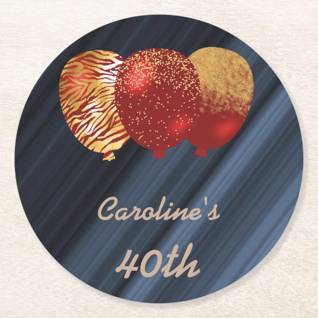 Porta-copo De Papel Redondo aniversário de 40 anos de Balões Glitter Dourados (Frente)