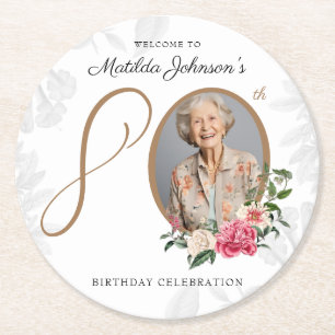 Porta-copo De Papel Redondo Aniversário de 80 anos com foto botânica floral el
