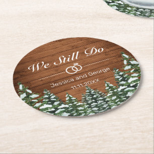 Porta-copo De Papel Redondo Aniversário de Casamento de Snowy Wood & Forest C