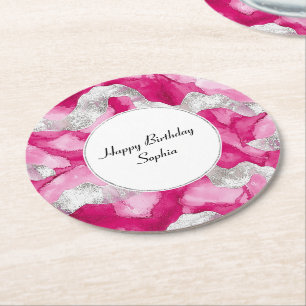 Porta-copo De Papel Redondo Aniversário do Abstrato de Glam Silver Rosa