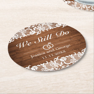 Porta-copo De Papel Redondo Aniversário do Casamento Rustic Wood & White Lace