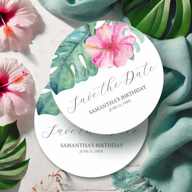 Porta-copo De Papel Redondo Aniversário Salve A Data Tema Tropical (Tropical Birthday decor watercolor flowers and palm leaves by Victoria Grigaliunas Do Tell A Belle)