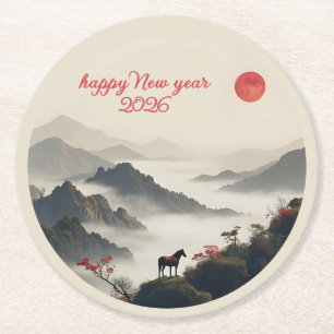 Porta-copo De Papel Redondo Ano do Cavalo 2026 Ano Novo Chinês Montanha