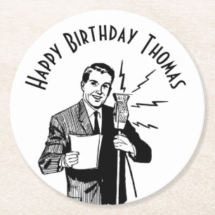 Porta-copo De Papel Redondo Anunciante da Rádio Vintage Birthday