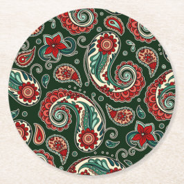 Porta-copo De Papel Redondo Apoio de Papel Paisley Vermelho e Verde