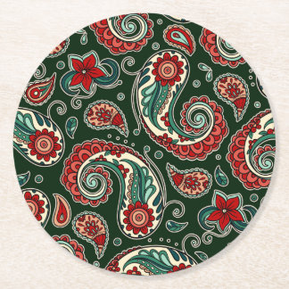 Porta-copo De Papel Redondo Apoio de Papel Paisley Vermelho e Verde