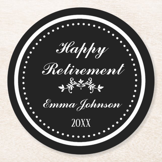 Porta-copo De Papel Redondo Aposentação Feliz a Preto e Branco Moderno Elegant (Frente)