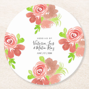 Porta-copo De Papel Redondo Aquarela Floral Rosa Bege Blush Folha Casamento