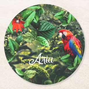 Porta-copo De Papel Redondo Arara-escarlate na selva com flores