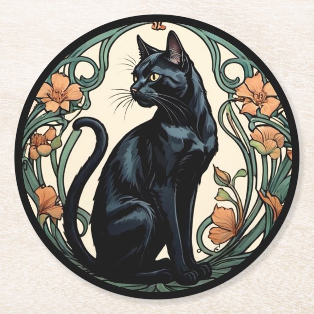 Porta-copo De Papel Redondo Art Nouveau Black Cat (Frente)