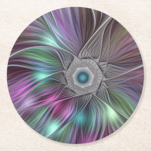 Porta-copo De Papel Redondo Arte Fractal Colorida de Abstrato de Flor Grande