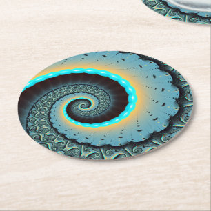 Porta-copo De Papel Redondo Arte fractal espiral abstrata azul-turquesa laranj