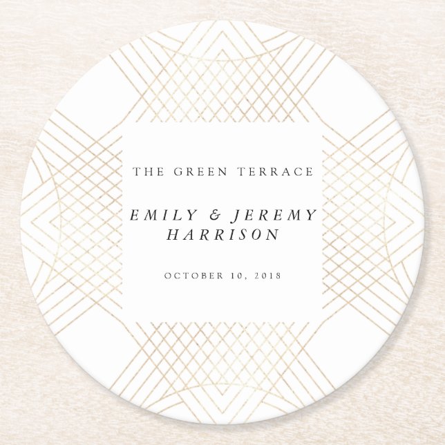 Porta-copo De Papel Redondo Arte Geométrica Oval Branca Dourada Deco Gatsby Ca (Frente)