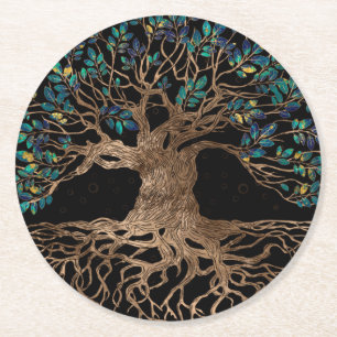Porta-copo De Papel Redondo Árvore da vida - Ouro de iggdrasil e ornamento de