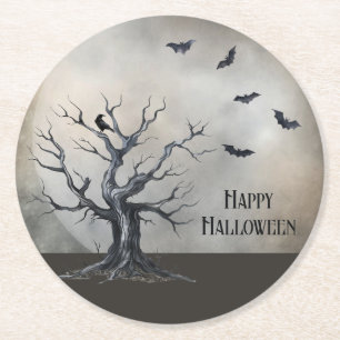 Porta-copo De Papel Redondo Árvore de Halloween Spooky com Raven e Bats