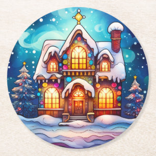 Porta-copo De Papel Redondo Árvore de Natal e Casa Coloridas em Vidro Pintado
