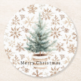 Porta-copo De Papel Redondo Árvore de Natal Flocos de Neve Branca Creme