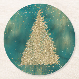 Porta-copo De Papel Redondo Árvore de Natal Glitter Dourado Verde Teal   