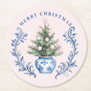 Porta-copo De Papel Redondo Árvore de Natal Pink & Blue Damask Crest