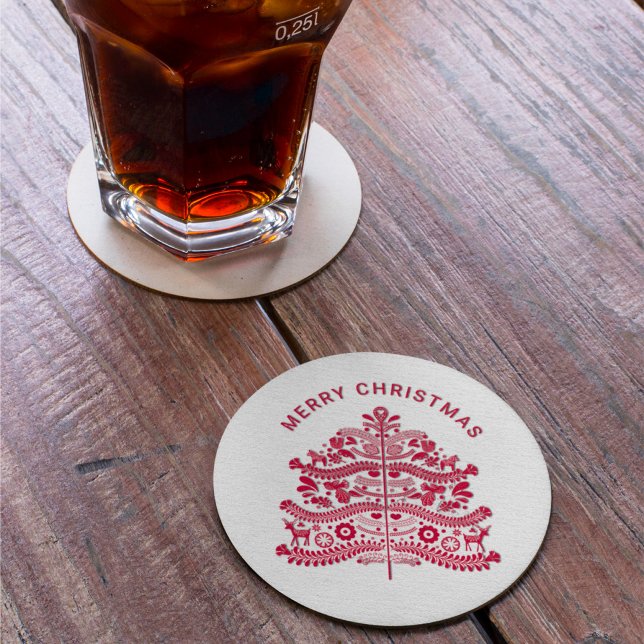 Porta-copo De Papel Redondo Árvore de Natal Red Scandinavian Folart (Criador carregado)