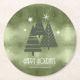 Porta-copo De Papel Redondo Árvores de Natal e Flocos de Neve, ID863 Verde