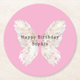 Porta-copo De Papel Redondo Asas de Borboleta Rosa de Aniversário Feminino